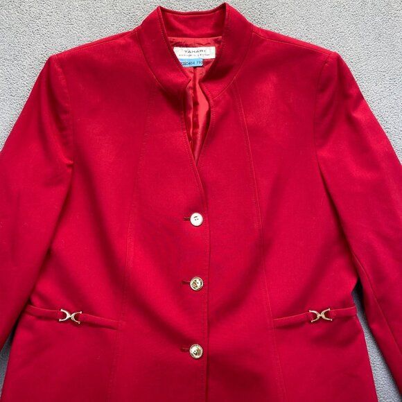 Tahari Women's Blazer Solid Red Gold Buttons Long Sleeve Lined Size 18 - Picture 10 of 12